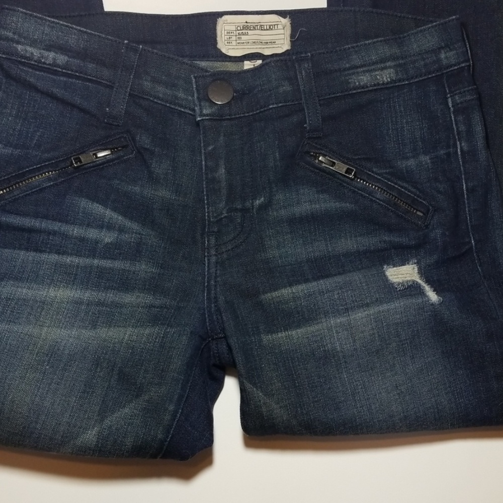 Current Elliott Silverlake Zip Datk Blue Distressed Skinny Moto Jeans Size 26 - Picture 5 of 8